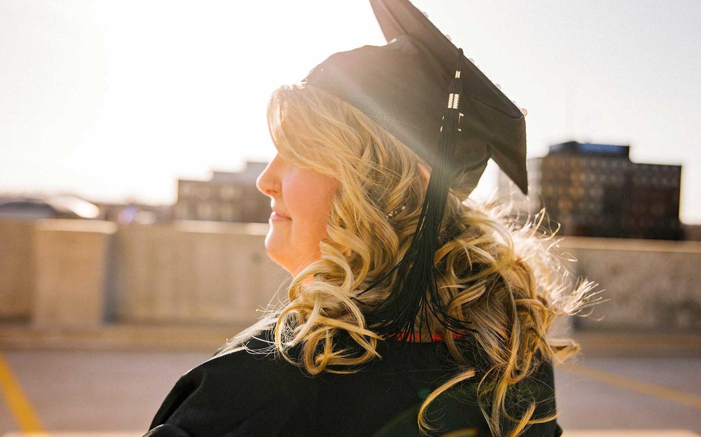 Woman at university graduation.